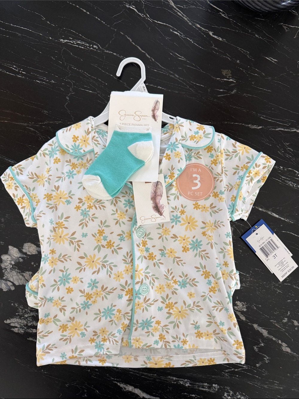 Jessica Simpson Girls' Floral Button-Down Pajama Set - Yellow & Teal size 3T